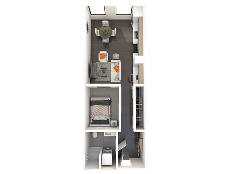 Floor plan for 1 bed, 1 bath, 628 sqft